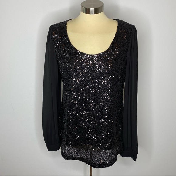 Blu Pepper Black Sequin Front Long Sleeve Blouse - Picture 1 of 10